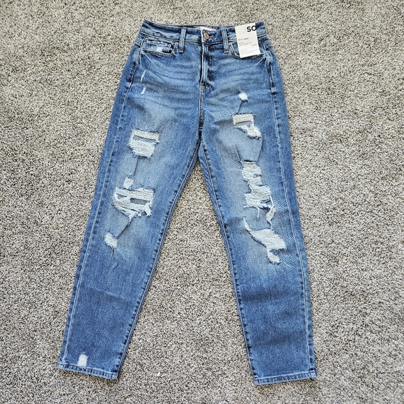 SO Denim - Womens Sz 3 SO Denim High Rise Mom Jeans Stretch Med Wash Distressed NWT